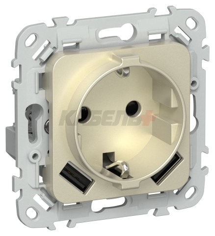 FLITE Розетка 1-местная с заземлением с защитными шторками 16А с USB A+A 3,1А РСЮша11-0-ФлШ шампань IEK