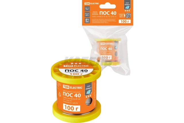 Припой ПОС 40, трубка с канифолью, ГОСТ 21931-76, Ø1 мм, 100 г, катушка, инд. упак., "Алмаз" TDM