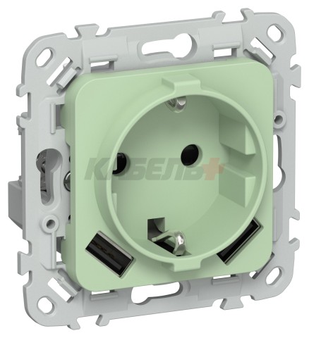 FLITE Розетка 1-местная с заземлением с защитными шторками 16А с USB A+A 3,1А РСЮша11-0-ФлФ фисташковый IEK