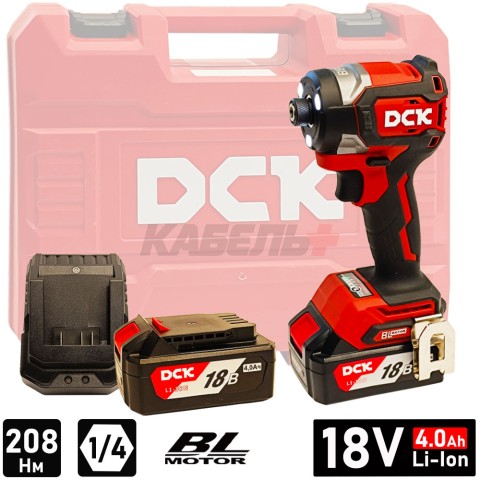 Шуруповерт аккумуляторный ударный KDPL208 (18V / 2*4.0Ah / 208Nm / HEX / BL / Кейс), DCK