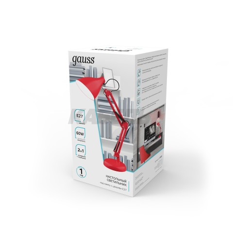 Светильник настольный Gauss модель GTL003 60W 220-240V E27 красный струбцина и основание 1/12