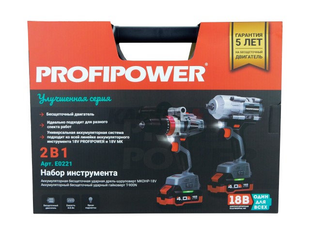 Аккумуляторный бесщеточный НАБОР 2в1 ProfiSet-2С18 (Li-ion-2шт, 4Ач, Адаптер HEX, набор головок, З/У, кейс, E0186, E0087)