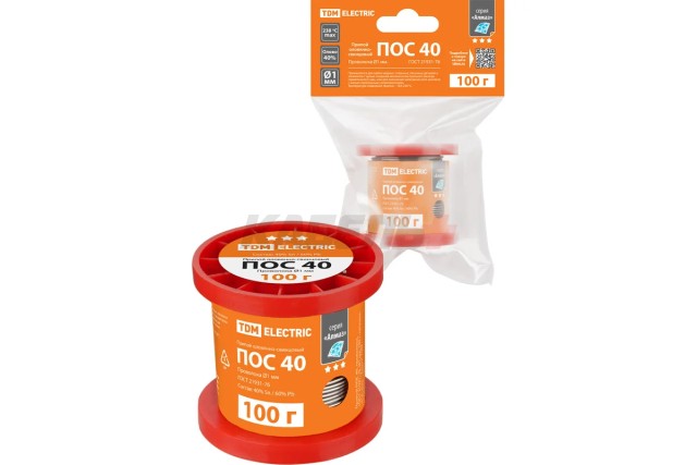 Припой ПОС 40, проволока, ГОСТ 21931-76, Ø1 мм, 100 г, катушка, инд. упак., "Алмаз" TDM