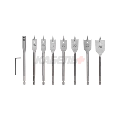 Набор сверл перовых по дереву 9 предметов: 14-16-18-20-22-25-30х152 мм, удлинитель, ключ угловой Kra