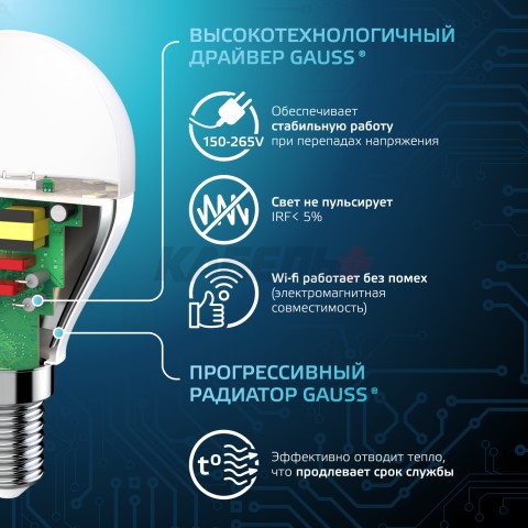 Лампа Gauss Шар 6.5W 550lm 4100K E14 LED 1/10/100