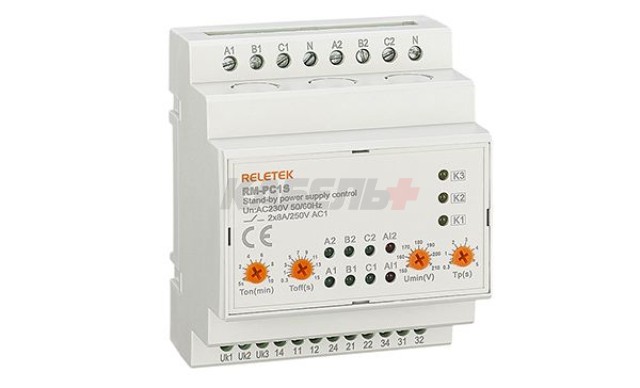 Реле автоматического переключения фаз RM-PC1S, 2x 3P+N, 3NO, 4A(250VAC), L-N 230VAC, Umin+Umax, Ton/off 5_600s/0.3_15s, 3M