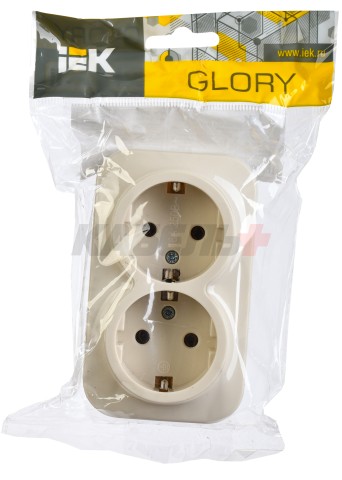 GLORY Розетка 2-местная для открытой установки с заземлением без защитных шторок 16А РС22-3-ХК кремовый IEK