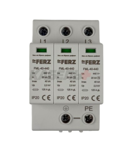 FML-40-440/3SРазрядник3PImax=40кА(8/20),In=20kA(8/20),Uc=440V,класс2(C),3M,сигнальныйконтакт.