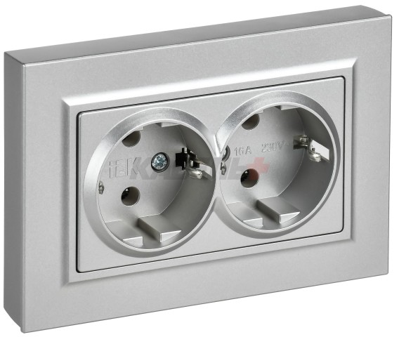 BRITE Розетка 2-местная с заземлением без защитных шторок плоская 16А в сборе РСПл12-3-БрА алюминий IEK