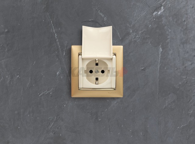 VALENA Розетка 1-местная с заземлением с защитными шторками и крышкой 16А IP20 слоновая кость