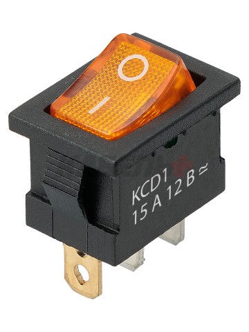 KCD1-101N 12В AC/DC, 1P, 15А, (3с), ON-OFF, черный корпус, желтая клавиша, LED, Mini TDM