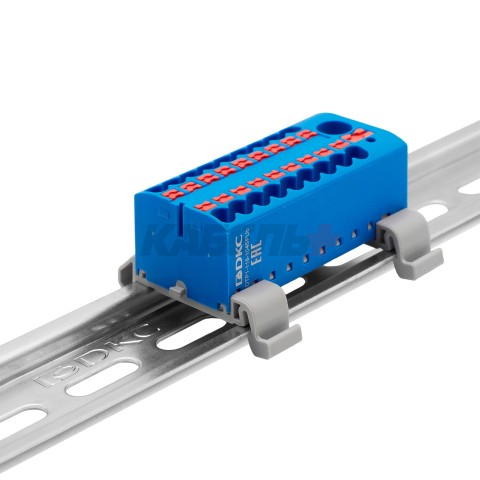 Блок распределительный с гориз. адаптером на рейку шириной 35мм, зажим push-in, 1 ввод 6 кв.мм, 18 точек подключения 2,5 кв.мм, синий DKC