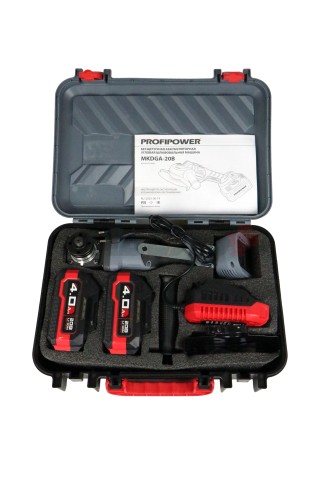 Аккумуляторная бесщеточная E0080 УШМ PROFIPOWER MKDGA-20V (20В, Li-ion-2шт, 4Ач, 125 мм, 0-9000 об/мин, З/У, кейс)