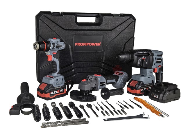 Аккумуляторный бесщеточный E0247 НАБОР 3в1 PROFIPOWER ProfiSet-3E18 (Li-ion-2шт, 4Ач, З/У, кейс, E0080,T0056, T0058)