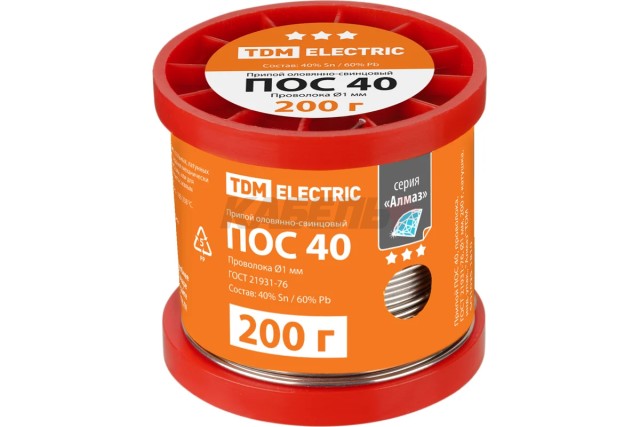 Припой ПОС 40, проволока, ГОСТ 21931-76, Ø1 мм, 200 г, катушка, инд. упак., "Алмаз" TDM