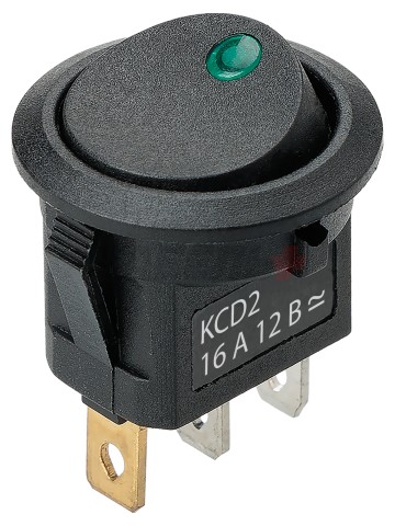 KCD2-101N-2 12В AC/DC, 1P, 16А, (3с), ON-OFF, черный с зеленой точечной LED подсветкой TDM