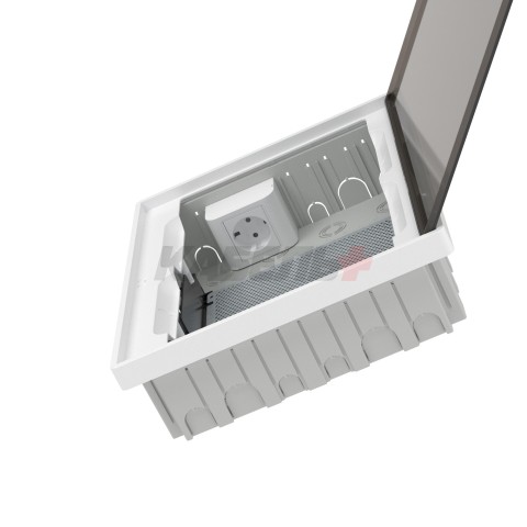 Щиток 24 мод встраиваемый для полых стен слаботочный FRAME, белый, с тонированной дверцей, с монтажной платой, в комплекте с 1 розеткой Viva (арт. 45005) и 1 коробкой PDD (арт. 10033) DKC