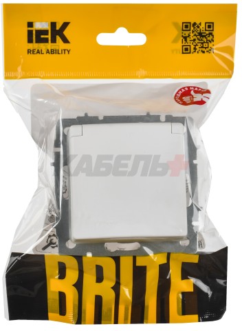 BRITE Розетка 1-местная с заземлением с защитными шторками и крышкой 16А IP44 РСбш10-3-44-БрАБ арктический белый IEK