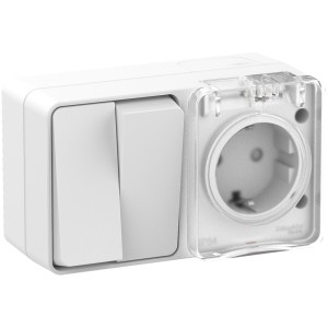 ATLASDESIGN PROFI IP54 О/У БЛОК: РОЗЕТКА с заземл. со шт., 16А, ВЫКЛЮЧАТЕЛЬ 2-клав., 10АХ, БЕЛЫЙ