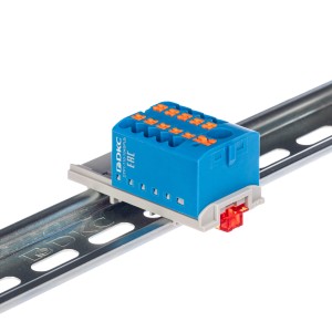 Блок распределительный с верт. адаптером на рейки шириной 15/35мм, зажим push-in, 1 ввод 6 кв.мм, 10 точек подключения 2,5 кв.мм, синий DKC