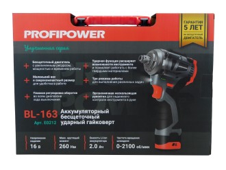 Аккумуляторный бесщеточный ударный гайковерт E0212 PROFIPOWER BL-163 (16В, 260Нм, Li-ion 2шт, 2.0Ач, ударные головки 17,19,21, З/У,в кейсе)