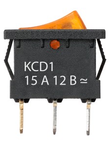 KCD1-101N 12В AC/DC, 1P, 15А, (3с), ON-OFF, черный корпус, желтая клавиша, LED, Mini TDM