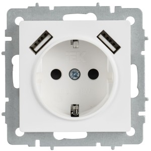 BRITE Розетка 1-местная с заземлением с защитными шторками 16А с USB A+A 5В 2,1А РЮш10-1-БрАБ арктический белый IEK