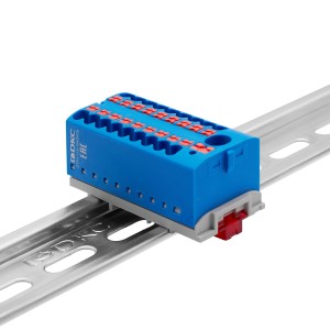 Блок распределительный с верт. адаптером на рейки шириной 15/35мм, зажим push-in, 1 ввод 6 кв.мм, 18 точек подключения 2,5 кв.мм, синий DKC