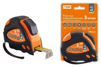 Рулетка 3 м х 16 мм, тройная фиксация, автостоп, обрезиненный корпус, магнит, "Алмаз" TDM.