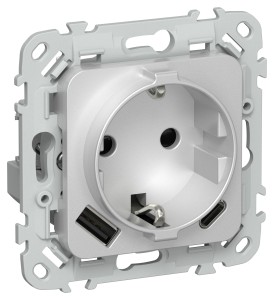 FLITE Розетка 1-местная с заземлением с защитными шторками 16А с USB A+C 20Вт безвинтовое крепление РСЮшс11-1-ФлА алюминий IEK