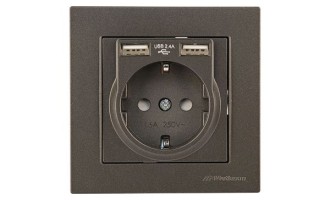 Rita - Розетка 2P+E, с 2хUSB 2,4A (однопостовой монтаж в комплекте с рамкой), дымчатый