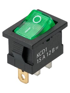 KCD1-101N 12В AC/DC, 1P, 15А, (3с), ON-OFF, черный корпус, зеленая клавиша, LED подсветка, Mini TDМ