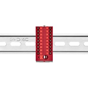 Блок распределительный с верт. адаптером на рейки шириной 15/35мм, зажим push-in, 1 ввод 6 кв.мм, 18 точек подключения 2,5 кв.мм, красный DKC