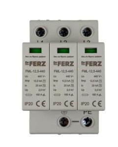 FML-12,5-440/3SРазрядник3PImax=50кА(8/20),Iimp=12.5kA(10/350),Uc=440V,класс1+2(B+C),3M,сигнальныйконтакт.