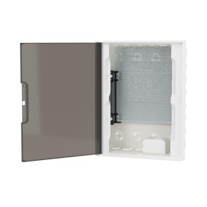 Щиток 24 мод встраиваемый слаботочный FRAME, белый, с тонированной дверцей, с монтажной платой, в комплекте с 1 розеткой Viva (арт. 45005) и 1 коробкой PDD (арт. 10033) DKC