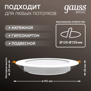 Светильник Gauss Basic Downlight круг 12W 1000m 4000K 170-260V IP20 145*26 белый LED 1/60