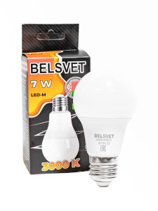 Лампа светодиодная LED-M A60 7W 3000K E27 Belsvet в красочной упаковке