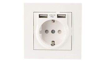 Rita - Розетка 2P+E, с 2хUSB 2,4A (однопостовой монтаж в комплекте с рамкой), белая