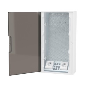 Щиток 36 мод настенный слаботочный FRAME, белый, с тонированной дверцей,с монтажной платой, в комплекте с 2 розетками Viva (арт. 45005) и 2коробками PDD (арт. 10033) DKC