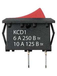 KCD1-101 250В AC/DC, 1P, 6А, (2с), ON-OFF, черный корпус, красная клавиша, Mini TDM