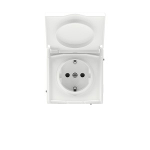 Розетка силовая, 2P+E, с з/ш, с крышкой, IP44, KANT, белая магнолия DKC