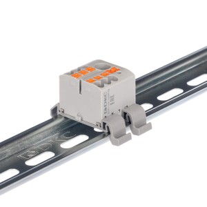 Блок распределительный с гориз. адаптером на рейку шириной 35мм, зажим push-in, 1 ввод 6 кв.мм, 4 точки подключения 2,5 кв.мм, серый DKC