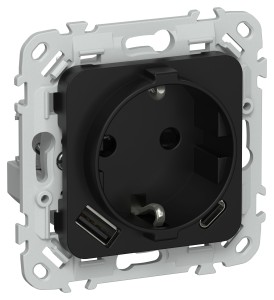 FLITE Розетка 1-местная с заземлением с защитными шторками 16А с USB A+C 20Вт безвинтовое крепление РСЮшс11-1-ФлЧ черный IEK