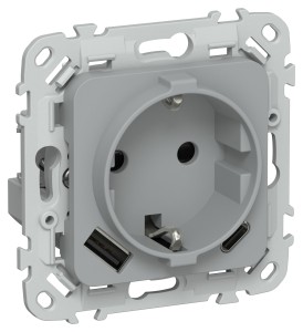 FLITE Розетка 1-местная с заземлением с защитными шторками 16А с USB A+C 20Вт безвинтовое крепление РСЮшс11-1-ФлС серый IEK