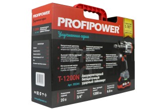 Аккумуляторный бесщеточный ударный гайковерт ProfiPower T-1200N (Li-ion-1шт, 6.0Ач, 1200Нм, переходник 3/4"-1/2", З/У, в кейсе)