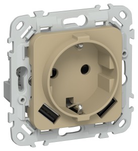 FLITE Розетка 1-местная с заземлением с защитными шторками 16А с USB A+A 3,1А безвинтовое крепление РСЮша11-1-ФлХ хаки IEK