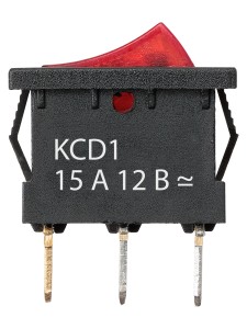 KCD1-101N 12В AC/DC, 1P, 15А, (3с), ON-OFF, черный корпус, крас.клавиша, LED подсв., Mini TDM