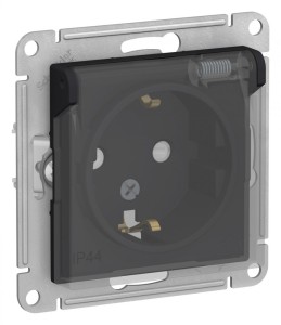 ATLASDESIGN AQUA РОЗЕТКА с заземлением со шторками, с прозрач. крышкой 16А, IP44, механизм, КАРБОН