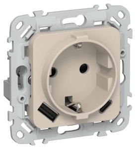 FLITE Розетка 1-местная с заземлением с защитными шторками 16А с USB A+C 20Вт безвинтовое крепление РСЮшс11-1-ФлЛ льняной IEK