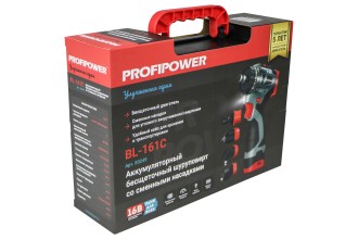 Аккумуляторный бесщеточный шуруповерт E0249 Комби PROFIPOWER BL-161C (16В, 40Нм, Li-ion 2шт, 2.0Ач, 2 скорости, 0.8-10мм, З/У, в кейсе)